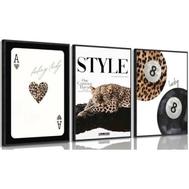 Imagem de 3 peças de arte de parede em tela de leopardo moderna Funky Lucky 8 Ball Ace Card Painting Picture Wall Decor Preppy Leopard Poster Print Art para meninas quarto apartamento dormitório decoração de