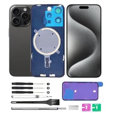 Imagem de Yuntunele Tampa traseira de vidro (inclui vidro de lente, suporte, ímã) Substituição compatível com iPhone 15 Pro Todas as operadoras com conjunto de ferramentas profissionais (preto)