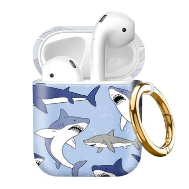 Imagem de Capa compatível com AirPod 2ª/1ª geração com chaveiro dourado, capa protetora completa à prova de choque para fone de ouvido sem fio para Airpod (Big Shark)
