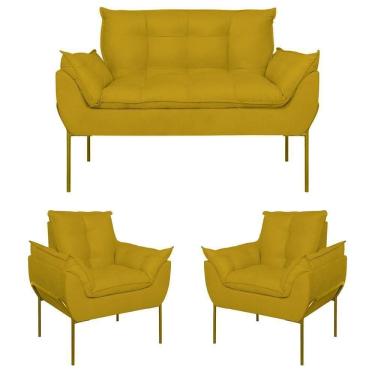 Imagem de Kit 02 Poltronas + Namoradeira Reforçada Opala Metal Dourado Amarelo
