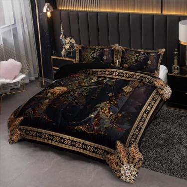 Imagem de Nttopship Conjunto de edredom boho de gato preto para crianças e adultos, 3 peças, com tema boêmio misterioso, edredom macio e quente para todas as estações, decoração de quarto de criança com 1