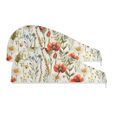 Imagem de SEHANY Toalha de cabelo de microfibra de flores coloridas elegantes para mulheres, 2 peças, turbantes de cabelo de secagem rápida com botão, touca de cabelo seco absorvente toalha de secagem de cabelo