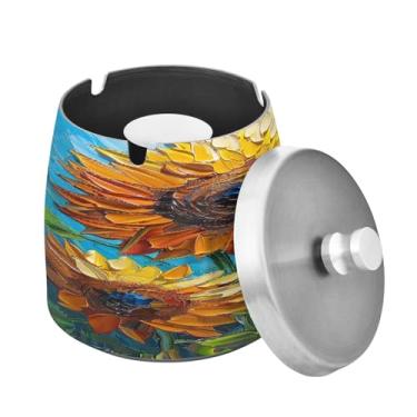 Imagem de Blueangle Cinzeiro de pintura de girassol com tampa para cigarros, à prova de vento/chuva, aço inoxidável, sem fumaça, inodoro, cinzeiro para uso interno ou externo (538)