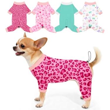 Imagem de Bienbee Pijamas para cães, pacote com 4 roupas fofas e macias para cachorros, pijamas, pijamas, roupa ajustável, respirável e elástica para cães pequenos, médios e grandes, meninas e meninos (leopardo