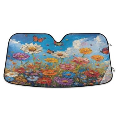 Imagem de ATTX Pára-brisas de carro colorido flores silvestres prado para-sol 144.8 cm x 80.0 cm protetor solar universal com proteção UV, persiana de janela frontal automática dobrável para Sedans SUVs