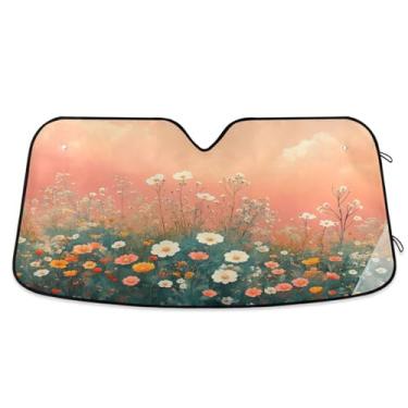 Imagem de ATTX Pára-brisas de carro pintura margaridas 144.8 cm x 80.0 cm escudo solar universal com proteção UV, persiana de janela frontal automática dobrável para sedãs SUVs caminhões #676