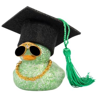 Imagem de wonuu Decoração de painel de carro chapéu de formatura cor pato de borracha, ornamentos de patos de carro com mini chapéu de formatura colar óculos de sol (verde claro)