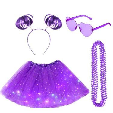 Imagem de Panitay Conjunto de 9 peças de fantasia de saia de LED para mulheres, saia tutu de tule iluminada, pompom, rabo de cavalo, faixa de cabeça de coração, óculos de sol, Roxa, Small