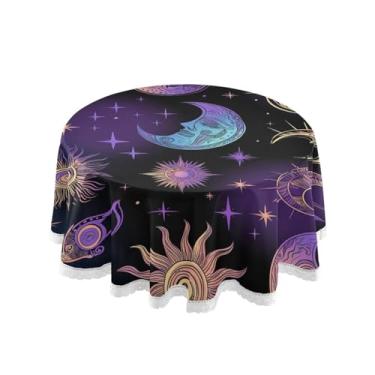 Imagem de Qilmy Toalha de mesa redonda azul roxa sol e lua 152 cm, resistente à água, à prova de derramamento, capa de mesa grande para jantar de reunião de família em ambientes internos e externos, festa de
