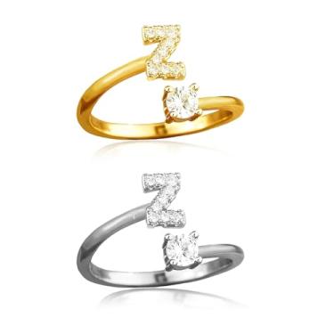 Imagem de ABJFJE Anéis femininos ajustáveis com letras prateadas douradas delicadas zircão cristal inicial empilhável anel moderno joia exclusiva presente 2 peças, Latão, Cristal