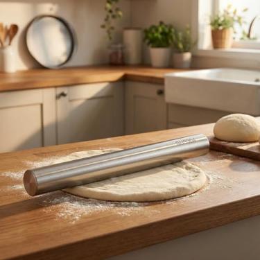 Imagem de Rolo de massa de aço inoxidável 304 para assar massa, fondant, torta de pizza, massa e biscoitos, rolo de metal resistente antiaderente fácil de limpar para cozinha doméstica e uso profissional, 25 cm