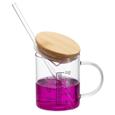 Imagem de PATIKIL Copo medidor de vidro de 250 ml, copo de vidro borossilicato, copos graduados de medição líquida com tampa de madeira, bico em forma de V para cozinha, bebendo, restaurante, balança impressa
