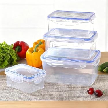 Imagem de 4 recipientes de armazenamento de alimentos transparentes para organização de cozinha com tampas, caixas empilháveis de armazenamento de despensa para grãos, cereais, alimentos secos e preparação de