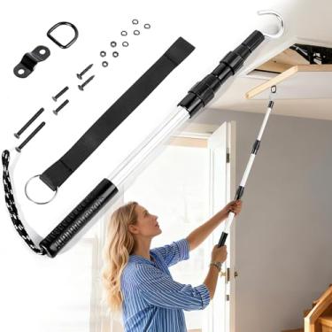 Imagem de Huazu Gancho de puxar para baixo no sótão, haste extensível de puxar para porta do sótão de até 101,6 cm, kit de puxar escada de anel D para portas de acesso ao sótão e escadas de loft escotilha com