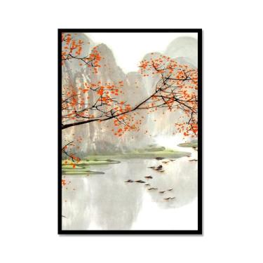 Imagem de Arte de cenário japonês, impressão floral, pintura a tinta, barco, pássaro, pôsteres em tela, decoração asiática, arte de parede japonesa para decoração de sala de estar e quarto (SKU2, 12 x 16