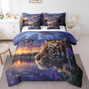 Imagem de Erosebridal Jogo de cama king com estampa de tigre 3D, beija-flor, lavanda, roxo, animais selvagens, pastoral natural, com edredom para crianças, meninos e meninas, decoração de quarto roxo