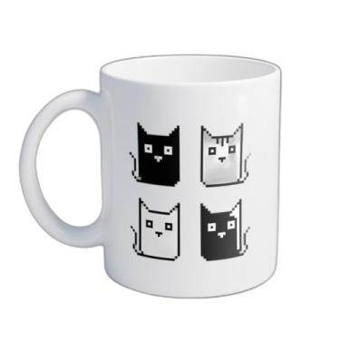 Imagem de Caneca Xícara de Café Porcelana 300ml Gato Preto e Branco Desenho Pixel