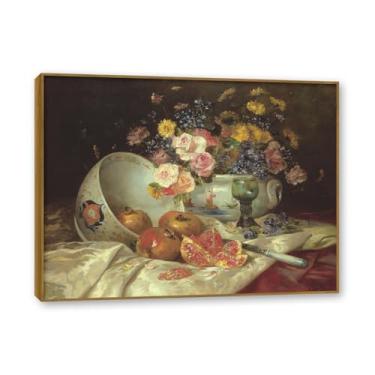 Imagem de NHLDZYH Moldura de madeira de teca. Flores clássicas natureza morta pintura em tela retro buquê de flores pinturas estilo country decoração de parede para cozinha e sala de estar. A28. 30 x 40 cm