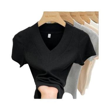 Imagem de Camiseta Feminina Branca De Malha Canelada Com Decote Em V, Ajuste Sli