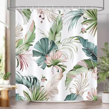 Imagem de COZZSNUGE Cortina de chuveiro de folhas tropicais, verde sálvia rosa folha de palmeira monstera planta nautre cortina de chuveiro para banheiro tecido de poliéster impermeável com 12 ganchos, 182 x