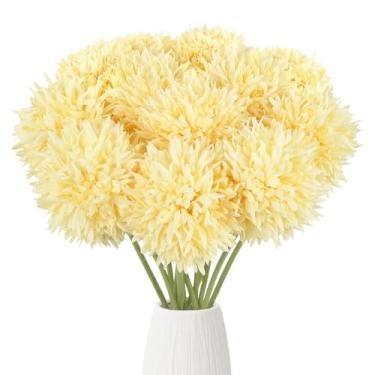 Imagem de IPOPU 12 peças de flores artificiais para mães, 43 cm, crisântemos falsos, flores falsas com hastes para vaso de mesa, centro de mesa, decoração de jardim, festa de casamento (amarelo claro)