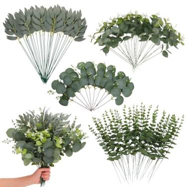Imagem de Hastes artificiais de eucalipto a granel pacote com 100 - 4 tipos de hastes de vegetação realistas mistas ramo de folhas de eucalipto dólar prateado para buquês faça-você-mesmo, arranjos florais