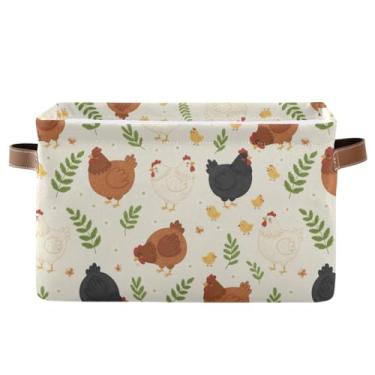 Imagem de Cestas de lona com alças – caixas de armazenamento retangulares dobráveis de tecido de 36 cm x 26 cm para prateleiras, escritório, galinha, floral, bege, 1 pacote