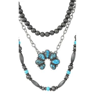 Imagem de Rosemarie & Jubalee Colar de três camadas ocidental com detalhes em howlita turquesa, pingente de flor de abóbora, prata polida, 40 a 48 cm