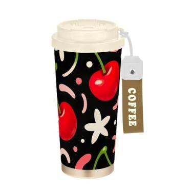 Imagem de TSENQUE Copo de café floral preto vermelho cereja rosa, viagem 473 ml com canudo e tampa, canecas de café de parede dupla isoladas a vácuo com revestimento cerâmico para escritório, escola, festa