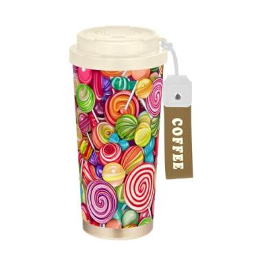 Imagem de TSENQUE Caneca de café de viagem de 473 ml com revestimento cerâmico, copo de café de aço inoxidável com canudo e tampa, copo isolado a vácuo, desenho colorido de pirulito de doces