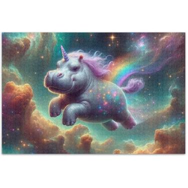 Imagem de Quebra-cabeça de unicórnio hipopótamo extravagante espaço adulto 500 peças cenário arte floral exclusivo elefante branco presentes engraçados, 50 x 14,9 polegadas