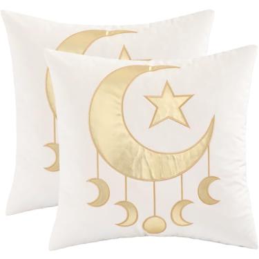 Imagem de Tosleo Capas de almofada Ramadã 45,7 x 45,7 cm Conjunto de 2 capas de almofada de veludo bege e dourado Ramadã Mubarak Decorações de estrelas e lua do Ramadã para sofá de casa sofá ao ar livre
