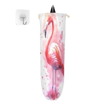 Imagem de Retrato em aquarela de flamingo rosa pacote com 2 porta-sacolas de compras, suporte de bolsa de parede, organizador de sacolas de cozinha