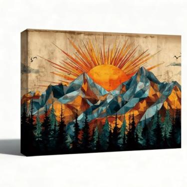 Imagem de Arte de parede em tela, pintura a óleo do pôr do sol da montanha, decoração de parede, paisagem geométrica, imagem de floresta para sala de estar, quarto, escritório, arte em tela rústica boho