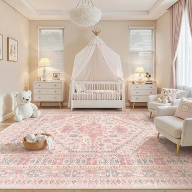 Imagem de zesthome Tapetes de área de 25 x 30 cm para quarto de meninas, tapetes laváveis à máquina, tapetes rosa grandes vintage, resistente a manchas, tapete de bebê engatinhando (rosa) / azul, 25 x 30 cm)