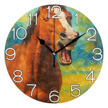 Imagem de GAIGEO Relógio de parede decorativo analógico escritório cozinha relógio redondo sem tique-taque silencioso, retrô moderno art deco decoração de parede arte engraçada cavalo marrom, 25 cm, ponteiros