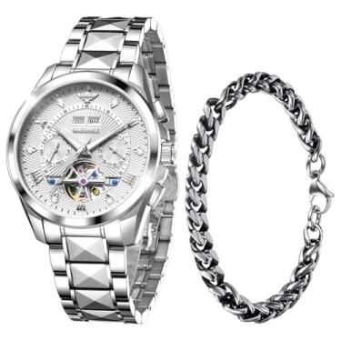 Imagem de OUPINKE Relógio masculino automático esqueleto diamante original mecânico automático relógio de pulso luxuoso para homens, G3270G: pulseira prata e mostrador branco, Presente de luxo, negócios, casual
