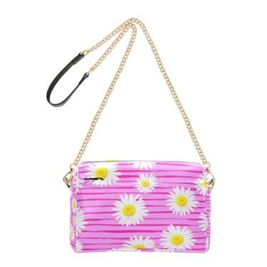 Imagem de Joitme Bolsas femininas bolsa transversal para celular bolsa de ombro de couro PU com alça de corrente margaridas brancas rosa horizontal