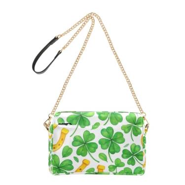 Imagem de Joitme Bolsa feminina transversal trevo verde ferraduras amarelas bolsa de celular branca bolsa de couro PU bolsa de ombro com alça de corrente