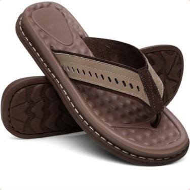 Imagem de Chinelo Masculino Confortável de Couro, Design Ventilado, Sola Antiderrapante (Bege, Adulto, 41, Numérico, BR)