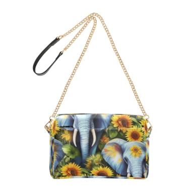 Imagem de Joitme Bolsa tiracolo feminina vibrante de elefantes, girassóis, animal, bolsa de ombro fofa de couro sintético com alça de corrente