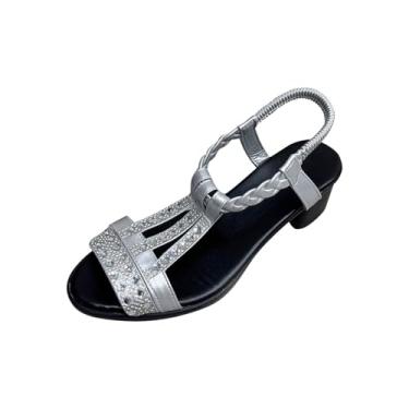 Imagem de Sandália feminina fashion casual primavera e verão praia versátil strass boca de peixe bico aberto elástico salto baixo salto grosso sandálias, Prata, 34