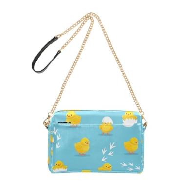 Imagem de Joitme Bolsa tiracolo feminina fofa amarela pintinhos azul bolsa para celular bolsa de couro PU bolsa de ombro alça de corrente