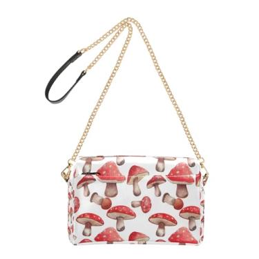 Imagem de Joitme Bolsa tiracolo feminina bolsa de telefone linda bolsa de ombro de couro PU com alça de corrente vermelha aquarela cogumelos branca