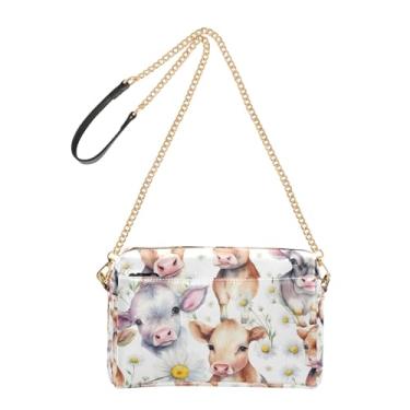 Imagem de Joitme Bolsa transversal para mulheres, bolsa para celular, bolsa de ombro de couro sintético com alça de corrente, bezerros, margaridas, branco, animal