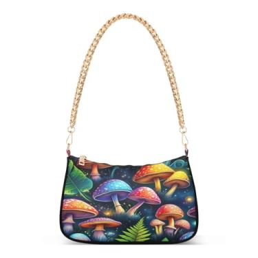 Imagem de Bolsa de ombro colorida com corrente de folhas de cogumelos, bolsa de mão Hobo feminina artística para uso diário e festa