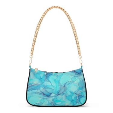 Imagem de Bolsa de ombro abstrata de corrente ondulada azul mármore feminina Hobo com fecho de zíper para uso diário e noturno