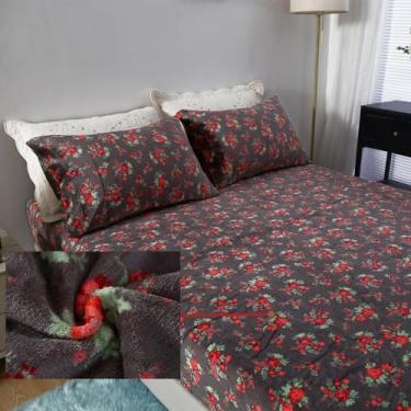 Imagem de MAG Jogo de lençol Queen floral vermelho de lã com 3 peças, microfibra macia e quente para mulheres e homens, com 1 lençol de elástico + 2 fronhas.