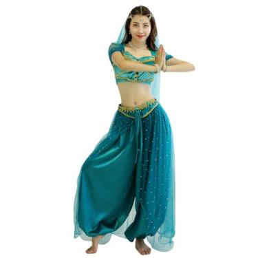 Imagem de MISI CHAO Fantasia de jasmim de dança do ventre - Fantasia de Halloween Aladdin Fantasia de princesa azul-petróleo para mulheres/meninas, Adulto-azul-petróleo, M