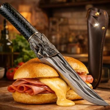 Imagem de Faca Dragão Full Tang Aço Inox Artesanal Cabo Escamas Antiderrapante com Bainha P Churrasco, Pesca, Sobrevivência e Chef